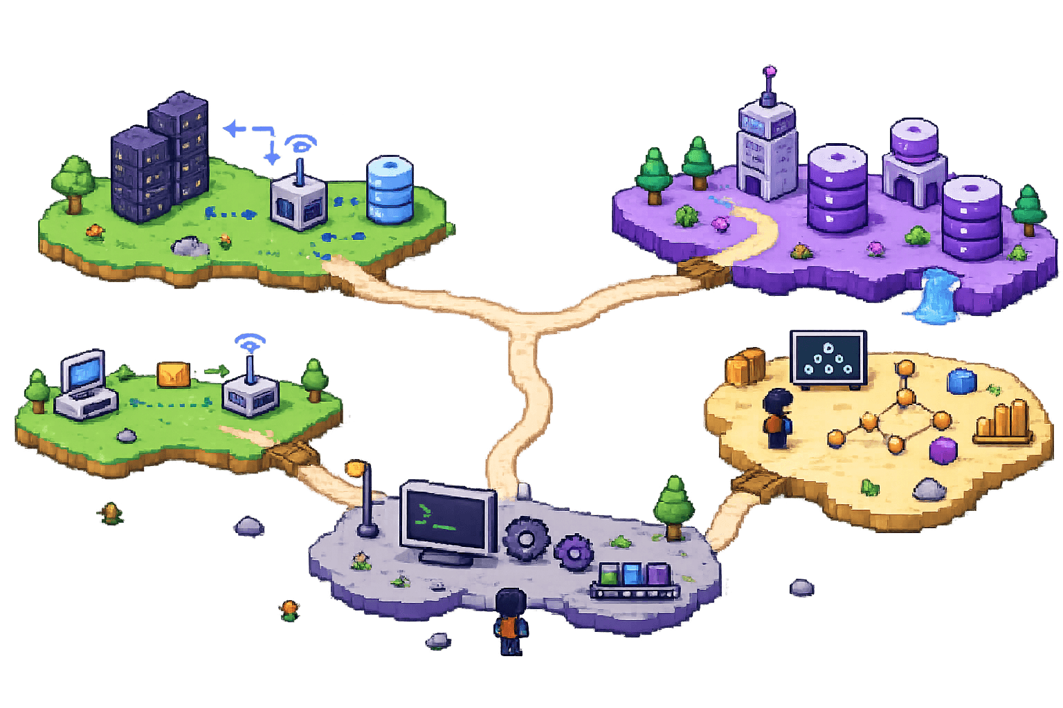 Computer science island map with systems, databases, networking, algorithms, and operating systems